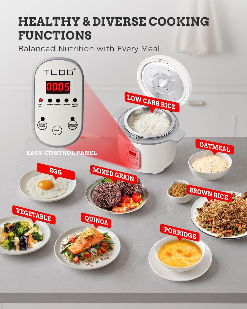 TLOG Low Carb Rice Cooker 2L(8 Cups Cooked), Low Sugar Healthy Rice Maker with 304 Stainless Steel Steamer Basket, 5 Cooking Presets, 24H Timer & Keep Warm Function - Image 4